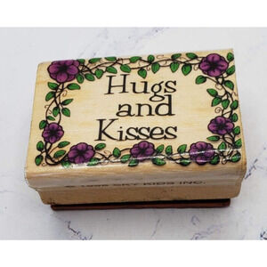 Hugs and Kisses Floral Wood Mounted Rubber Stamp 1998 Sky Kids Wooden Stamp